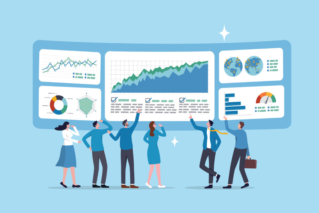 Análise de dados, pesquisa de marketing, gráfico de visualização estatística e modelo de gráfico, diagrama de referência de previsão ou análise, insights e tendências, pessoas de negócios olham para gráficos e tabelas de análise de dados.