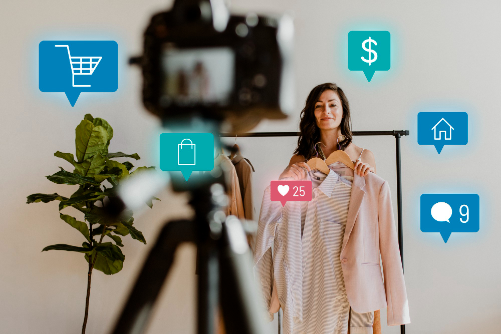 Mulher gravando vídeos para o tiktok shop brasil no setor de moda.