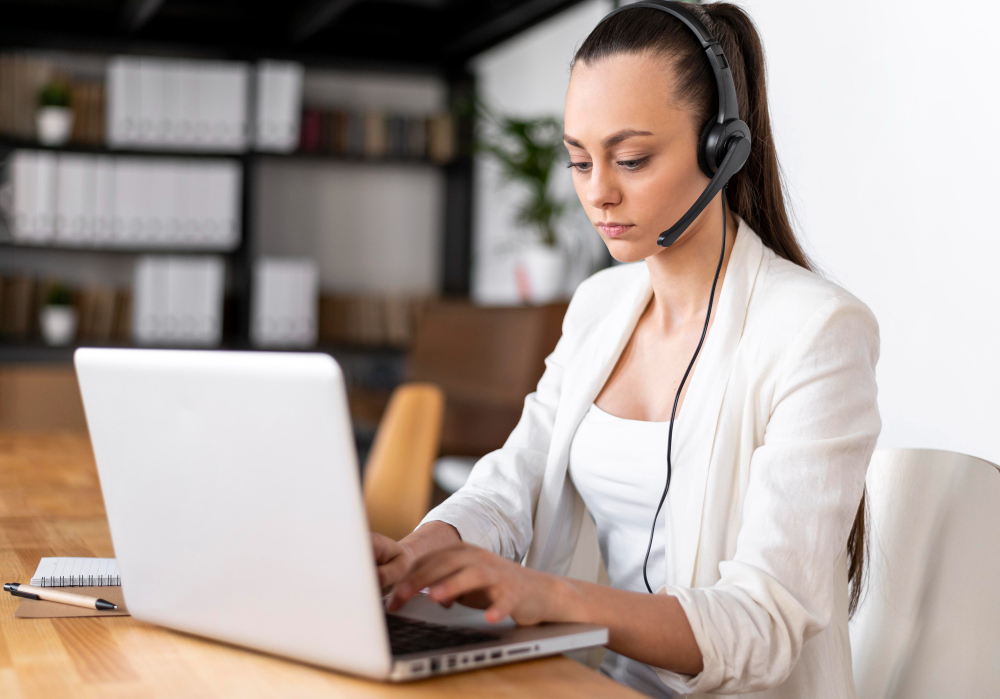 Mulher sentada em frente ao computador fazendo o atendimento na Amazon Marketplace