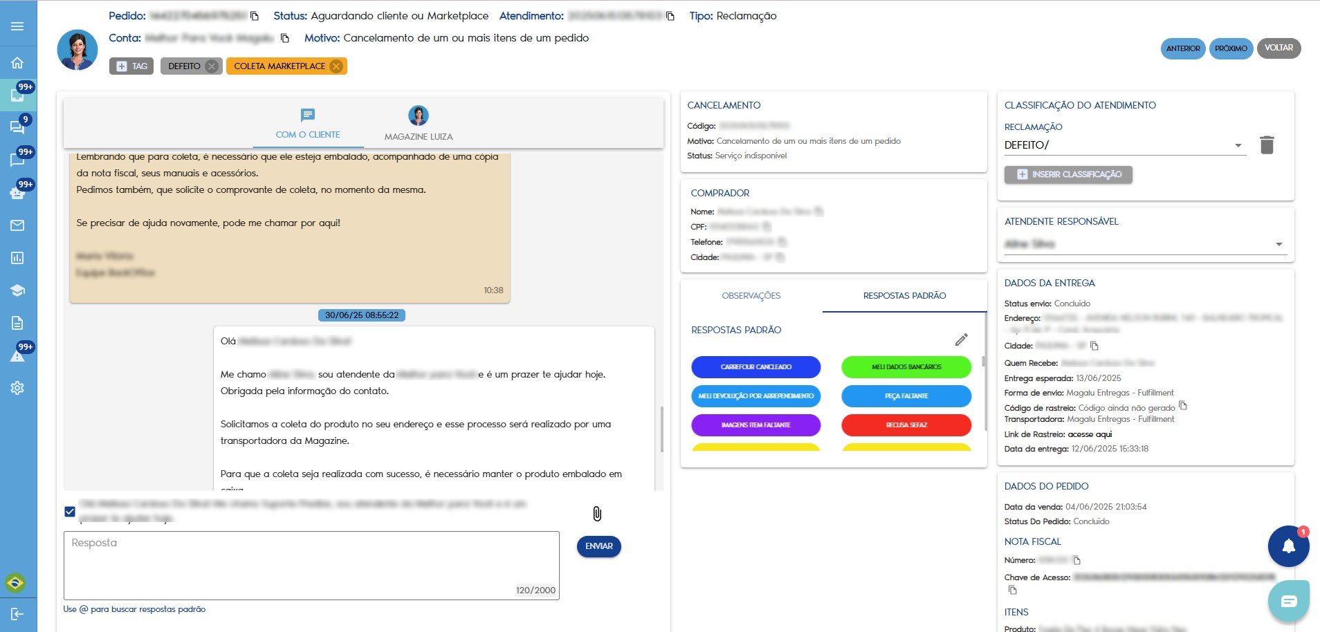 Tela de ticket pós-venda pelo Predize. Os dados do cliente ficam visíveis para o atendente realizar o atendimento personalizado.