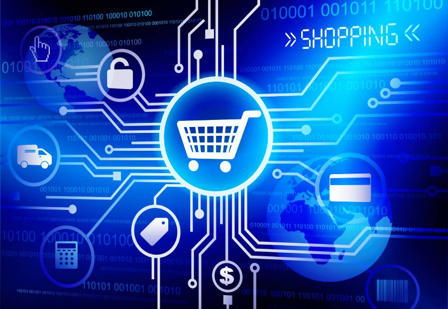 Ilustração digital com ícone de carrinho de compras conectado a símbolos financeiros e logísticos, representando inovação no atendimento ao cliente no e-commerce