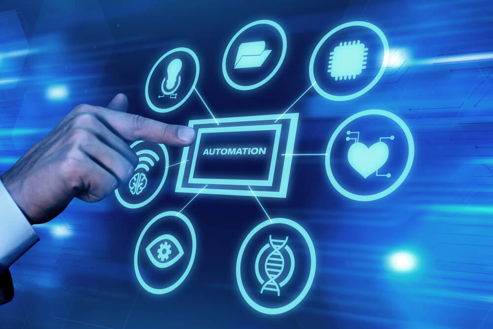 Interface digital com automação e múltiplos ícones tecnológicos, representando processos de curadoria de IA para análise e organização de dados
